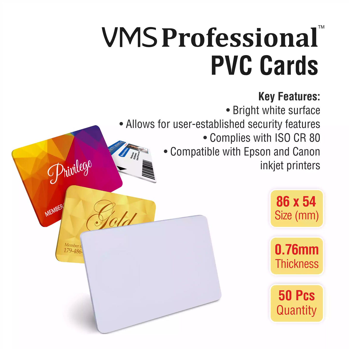 VMS Professional PVC Cards - 50 Cards Key Features 