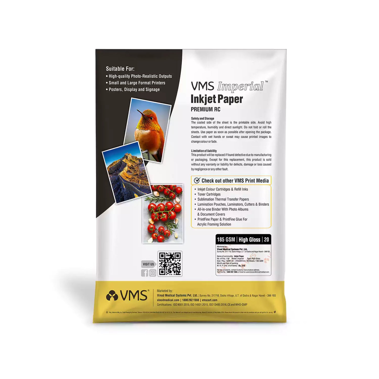 VMS Imperial 185 GSM A4 High Gloss Photo Paper 20 Sheets Pack Back