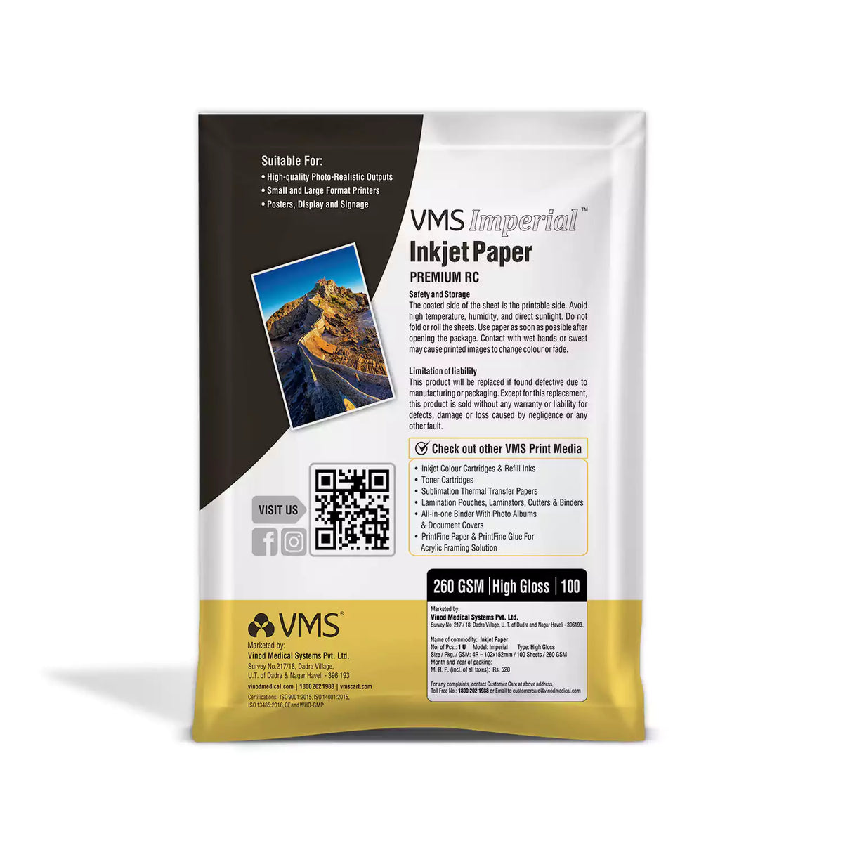 VMS Imperial 260 GSM 4R (4x6) High Gloss Photo Paper 100 Sheets Pack Back