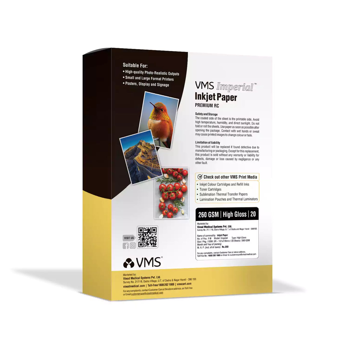 VMS Imperial 260 GSM 5R High Gloss Photo Paper 20 Sheets Pack Back