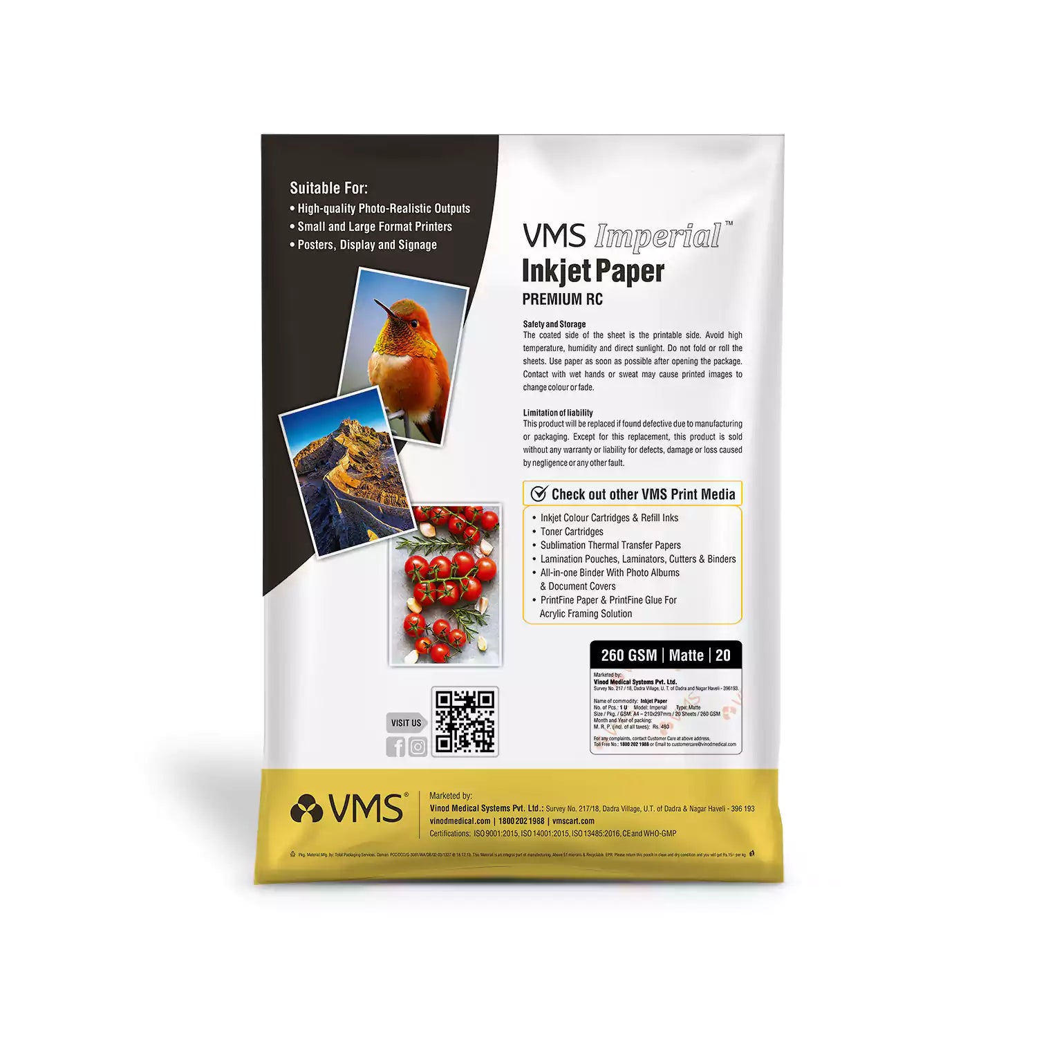 VMS Imperial 260 GSM A4 Matte Photo Paper 20 Sheets Pack Back