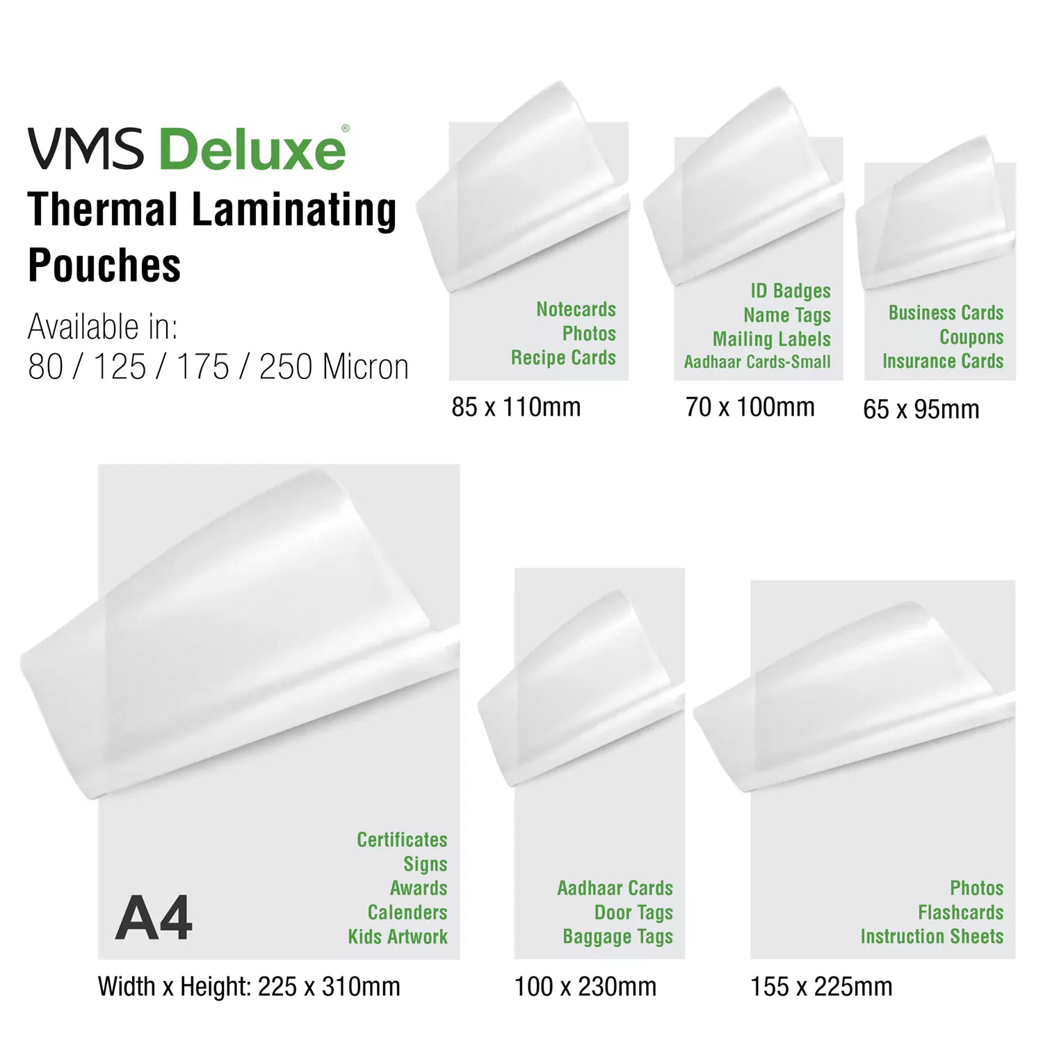 VMS Deluxe Laminating Pouch-65x95mm-250Mic-100 Sheets-All size with different works