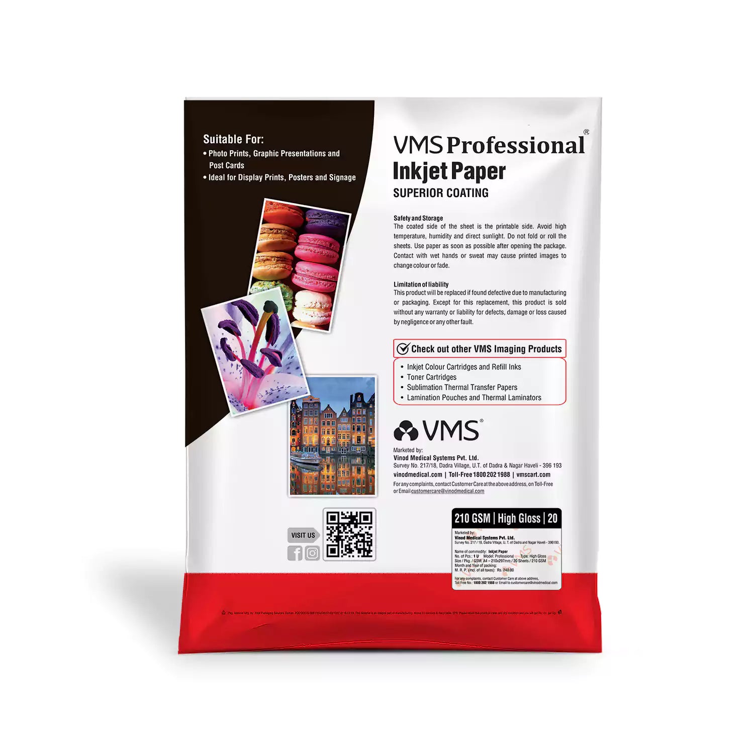 VMS Professional 210 GSM A4 High Gloss Photo Paper 20 Sheets Pack Back