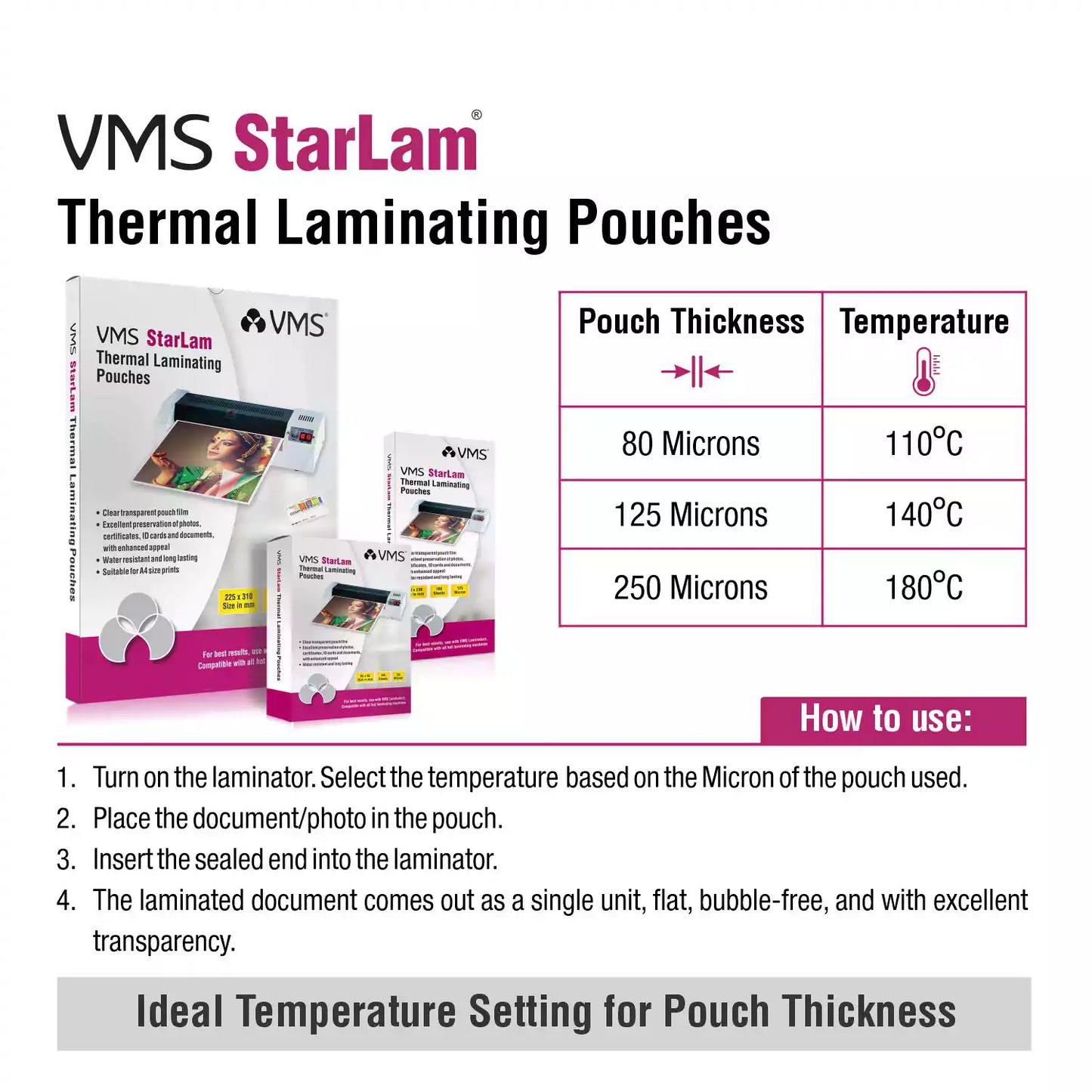 VMS StarLam Laminating Pouch-225x310mm-80Mic-100 Sheets-Temperature Settings