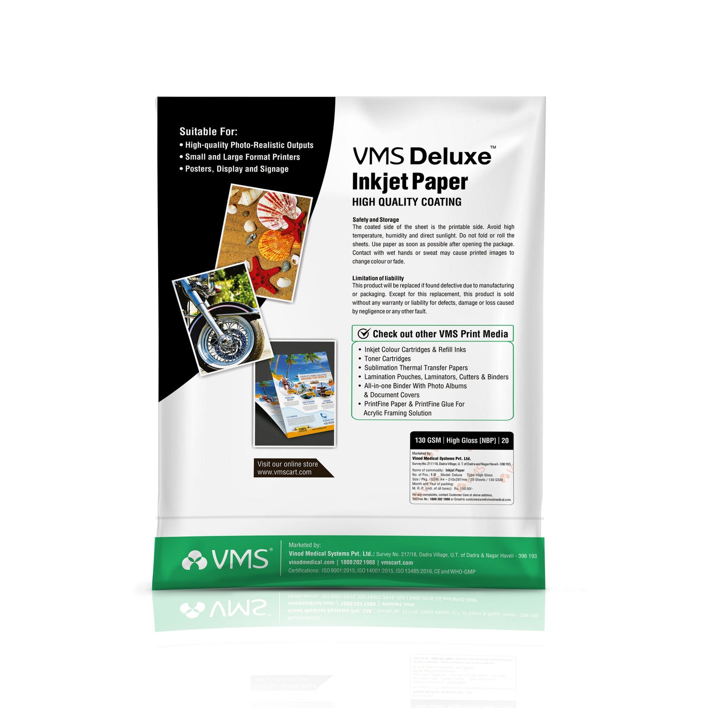 VMS Deluxe 130 GSM A4 Glossy Photo Paper 20 Sheets Pack Back