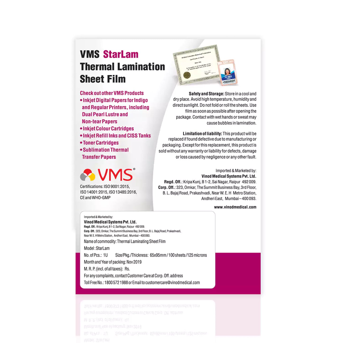 VMS StarLam Laminating Pouch-65x95mm-125Mic-Pack of 2 (200 Sheets)-Back