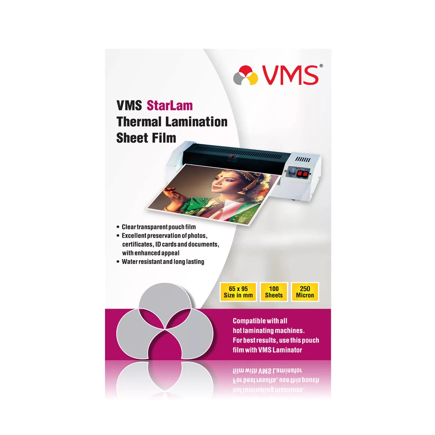 VMS StarLam Laminating Pouch-65x95mm-250Mic-100 Sheets-Front