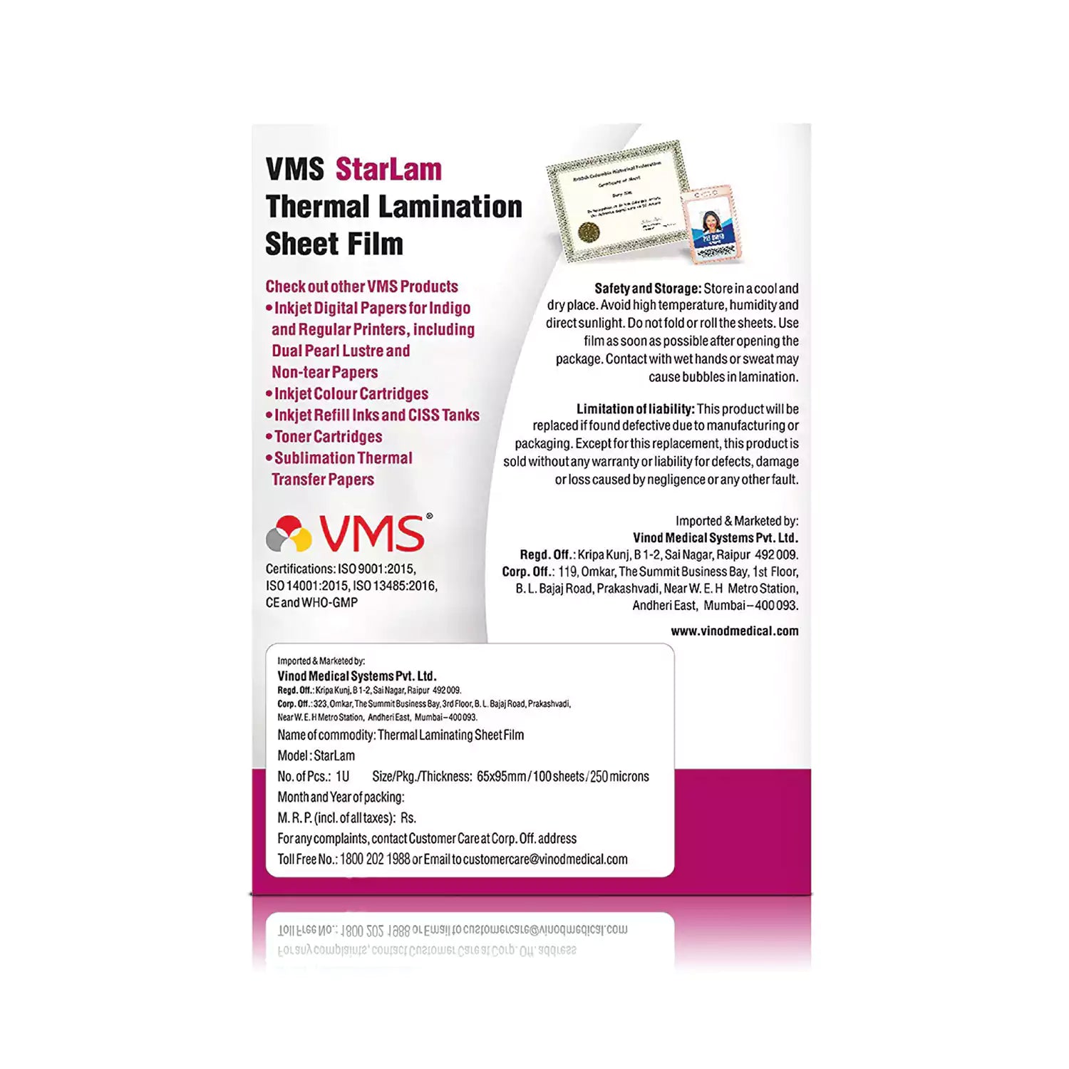 VMS StarLam Laminating Pouch-65x95mm-250Mic-100 Sheets-Back
