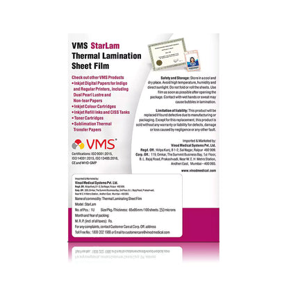 VMS StarLam Laminating Pouch-65x95mm-250Mic-100 Sheets-Back